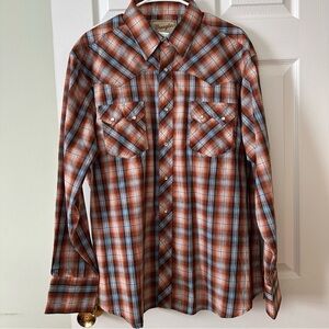 Wrangler Men’s XL Orange/Blue/Brown Plaid Western Pearl Snap Shirt Cowboy